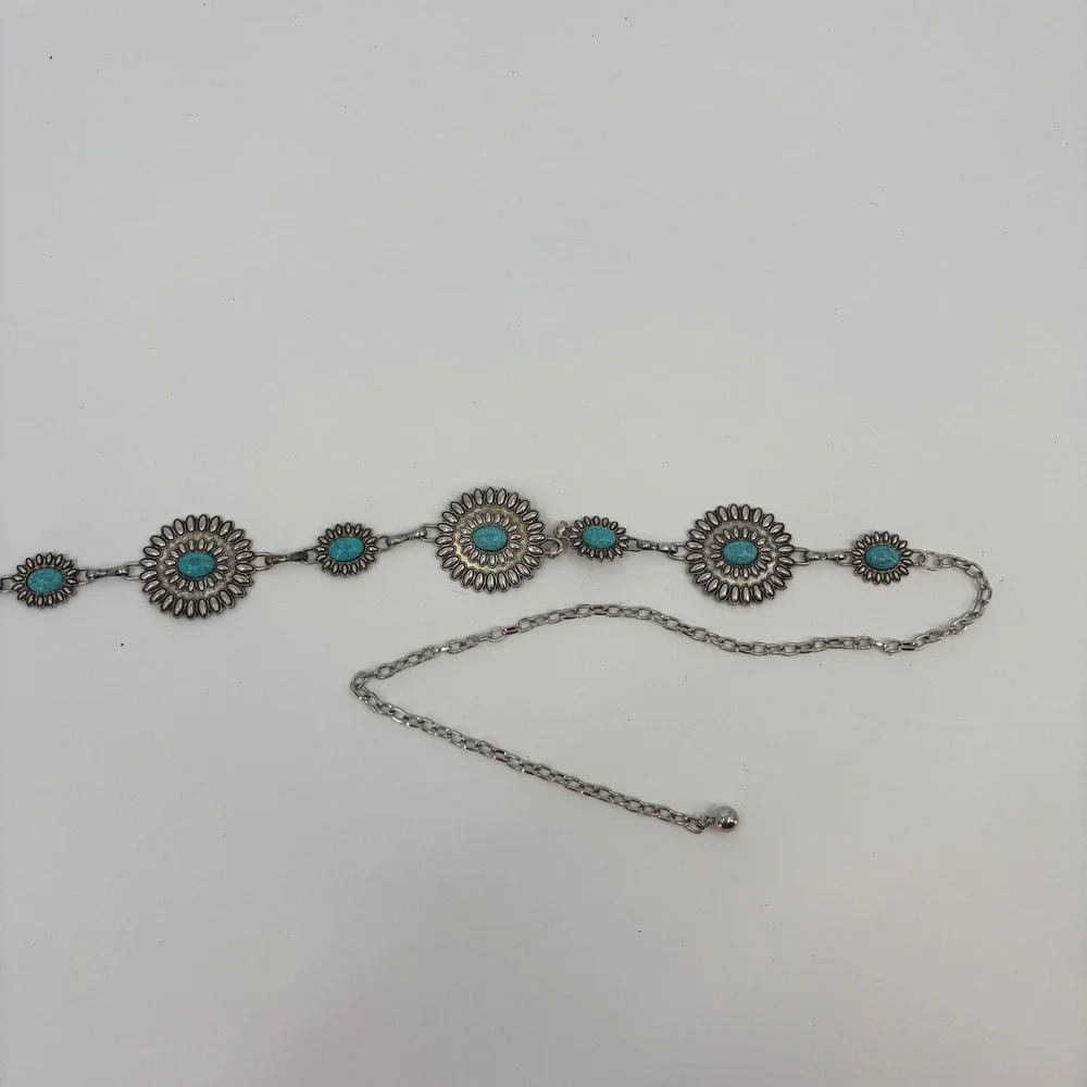 Austin West Concho Chain Belt Women S/M Silver Turquoise Boho Western New